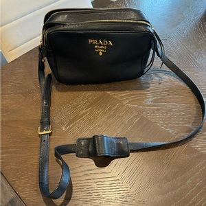 Prada Black Vitello Phenix Leather Double Zip Cross Body Bag